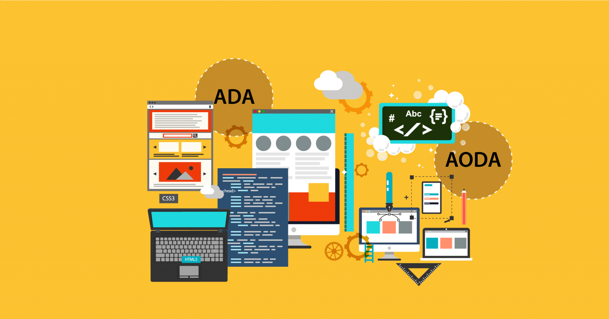 Illustrated webinar design showing multiple device and content types, tools and gears, and ADA and AODA symbols.