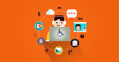 Illustrated webinar design showing multiple digital icons surrounding person wearing a headset using a laptop with an accessibility symbol on it.