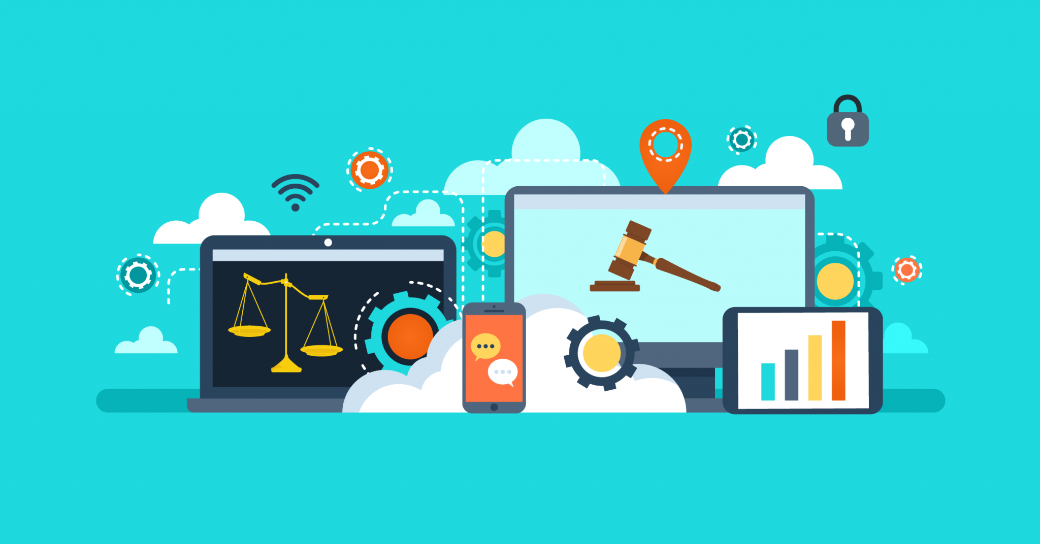 Illustrated webinar design showing legal concepts, like scales of justice and a gavel, on digital devices.