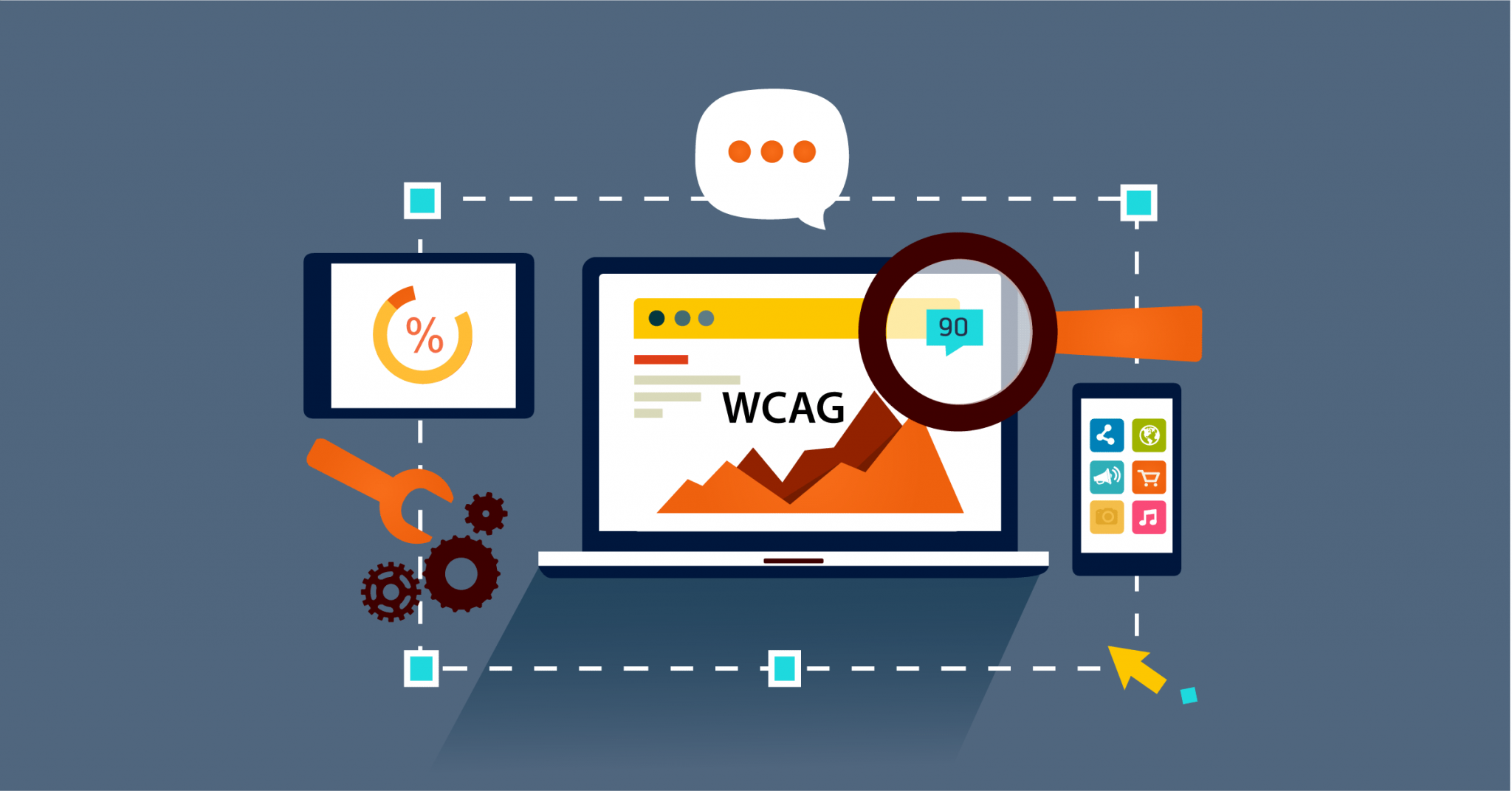 Illustrated webinar design showing digital tools and devices, with WCAG on the main laptop.