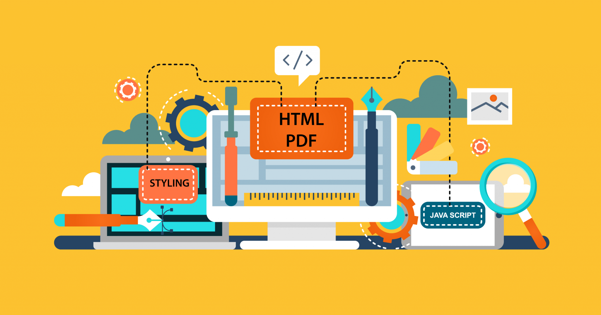 Illustrated webinar design showing concept of behind-the-scenes website icons, like Styling, HTML, and PDF.