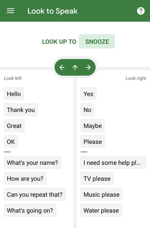 Screenshot of Look to Speak, showing 16 phrases to choose from.