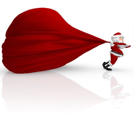 3D animated Santa dragging huge, heavy sack.