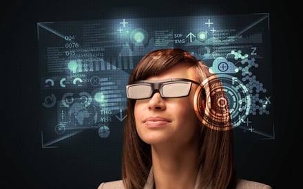 Young woman looking with futuristic smart high tech glasses concept